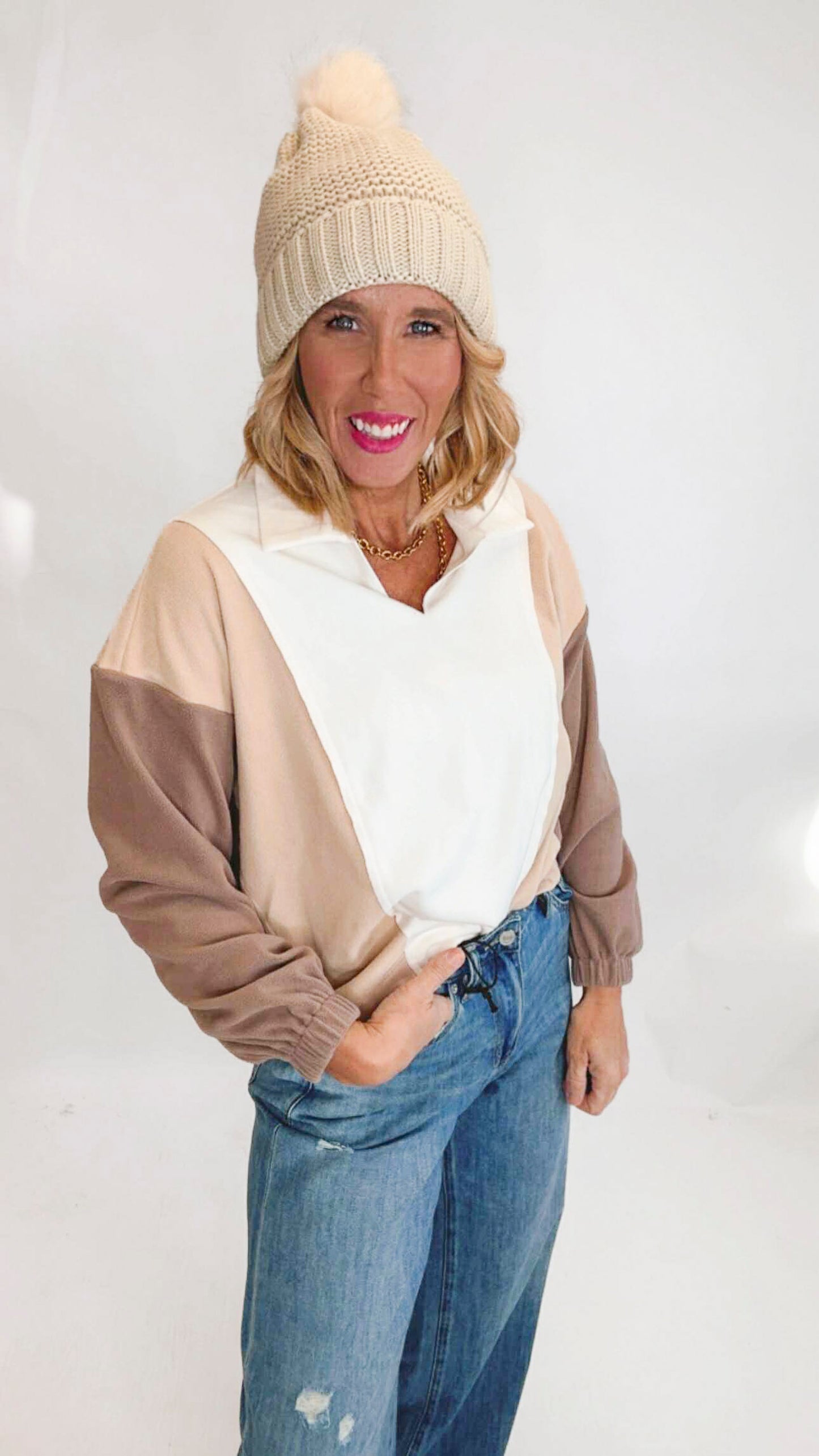 French Terry Color Block Collar Sweatshirt Top