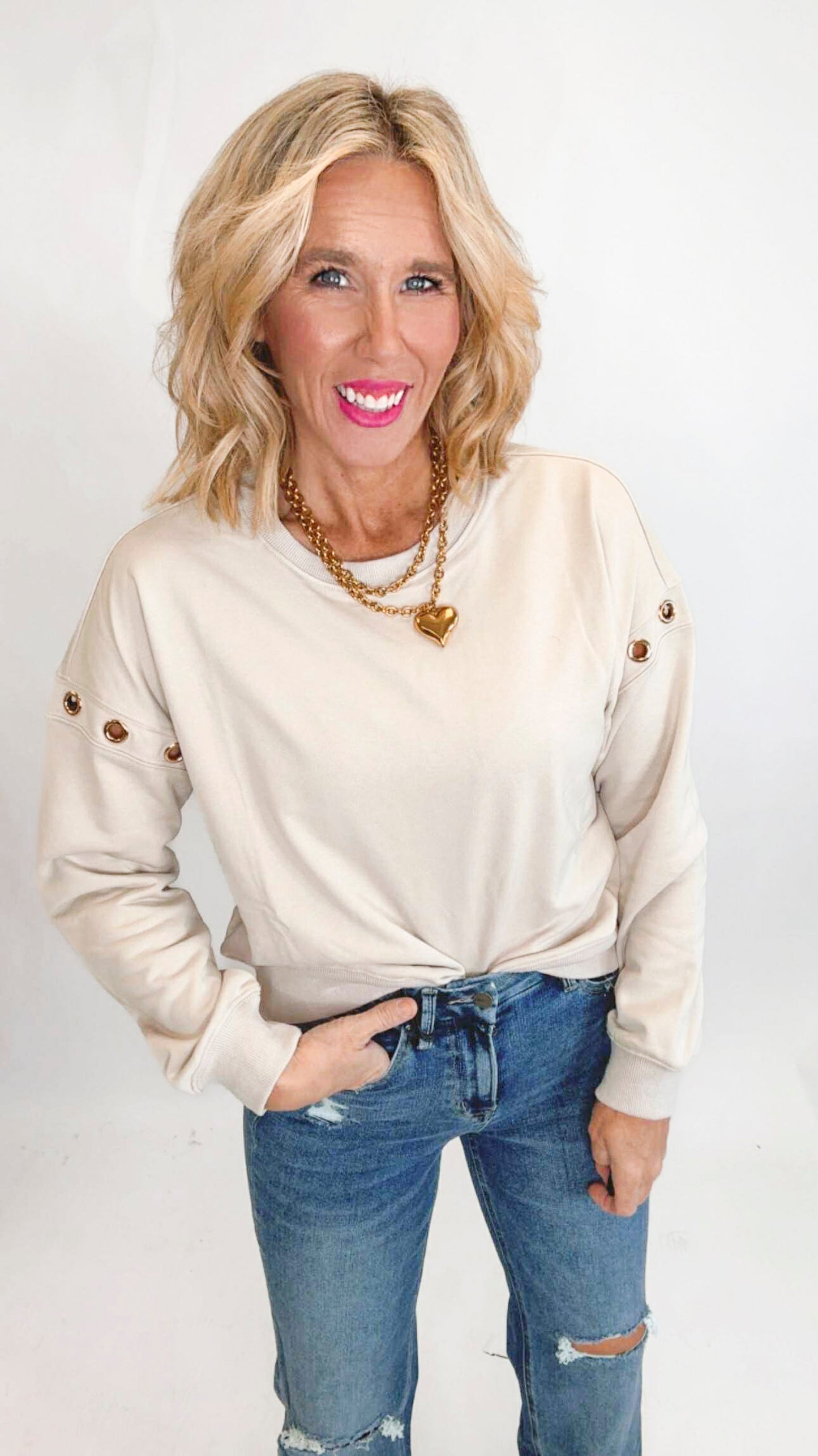 Grommet Detail Drop Shoulder Sweatshirt