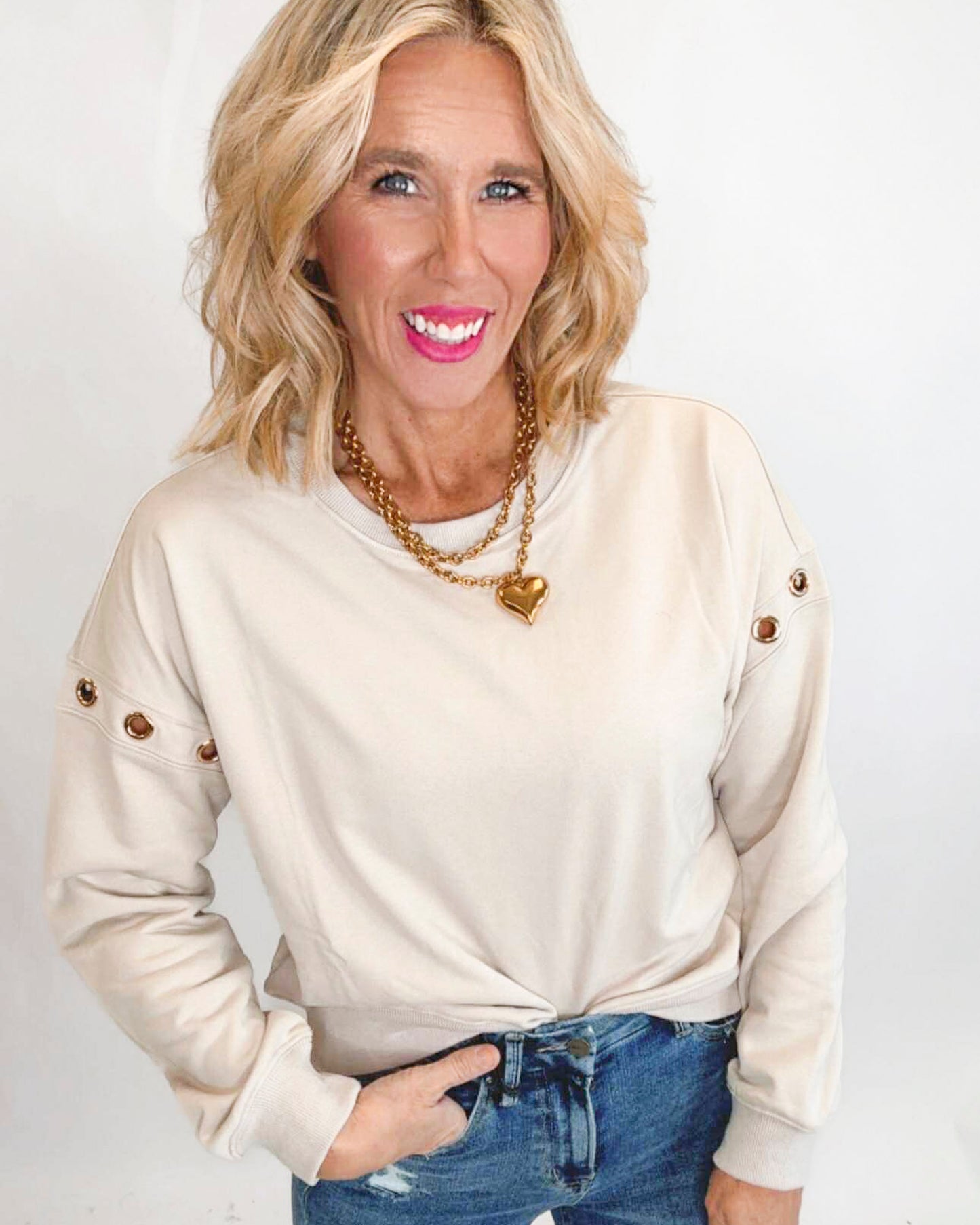 Grommet Detail Drop Shoulder Sweatshirt