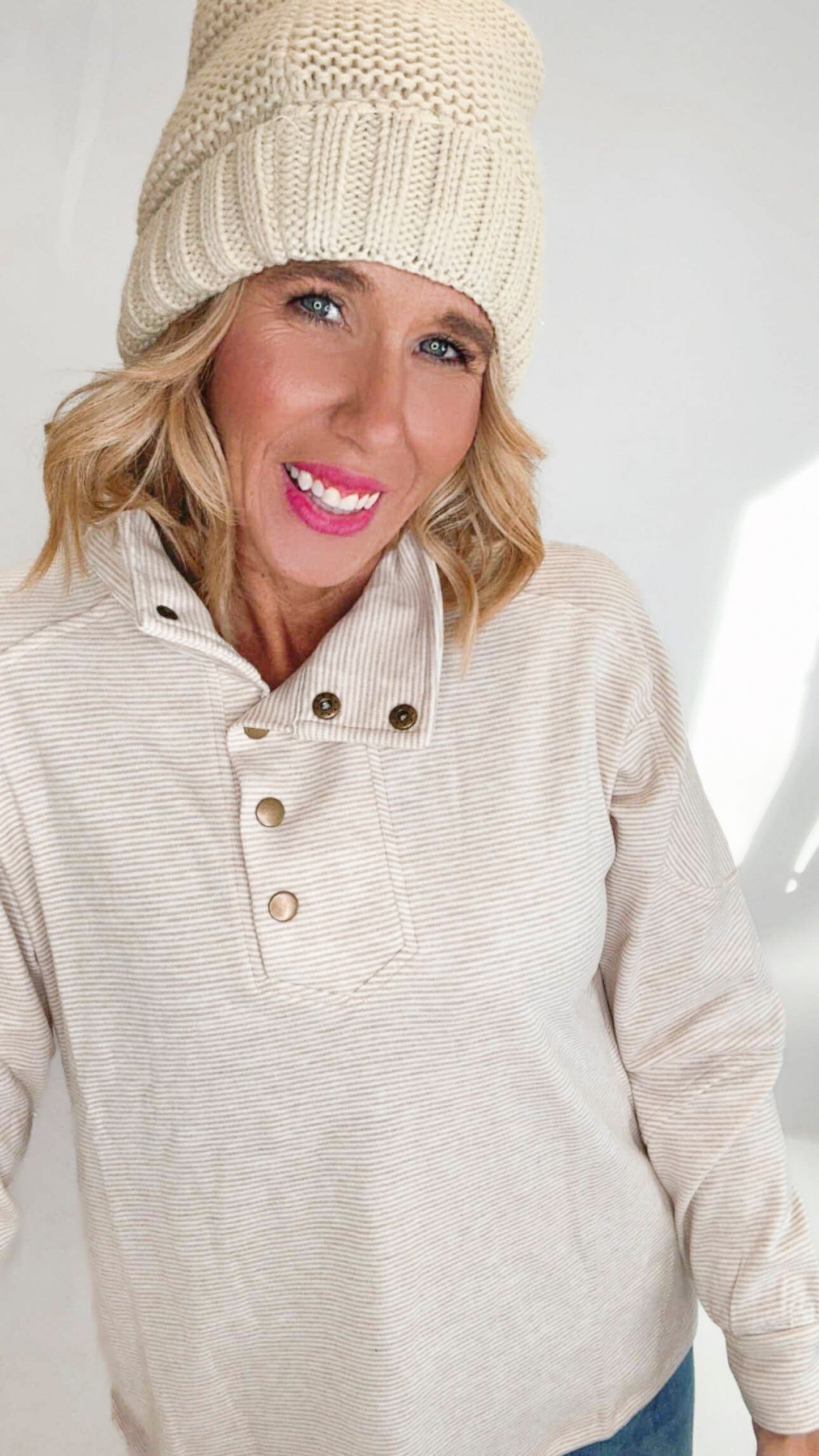 Buttery Soft Striped Knit Mock Neck Sweatshirt