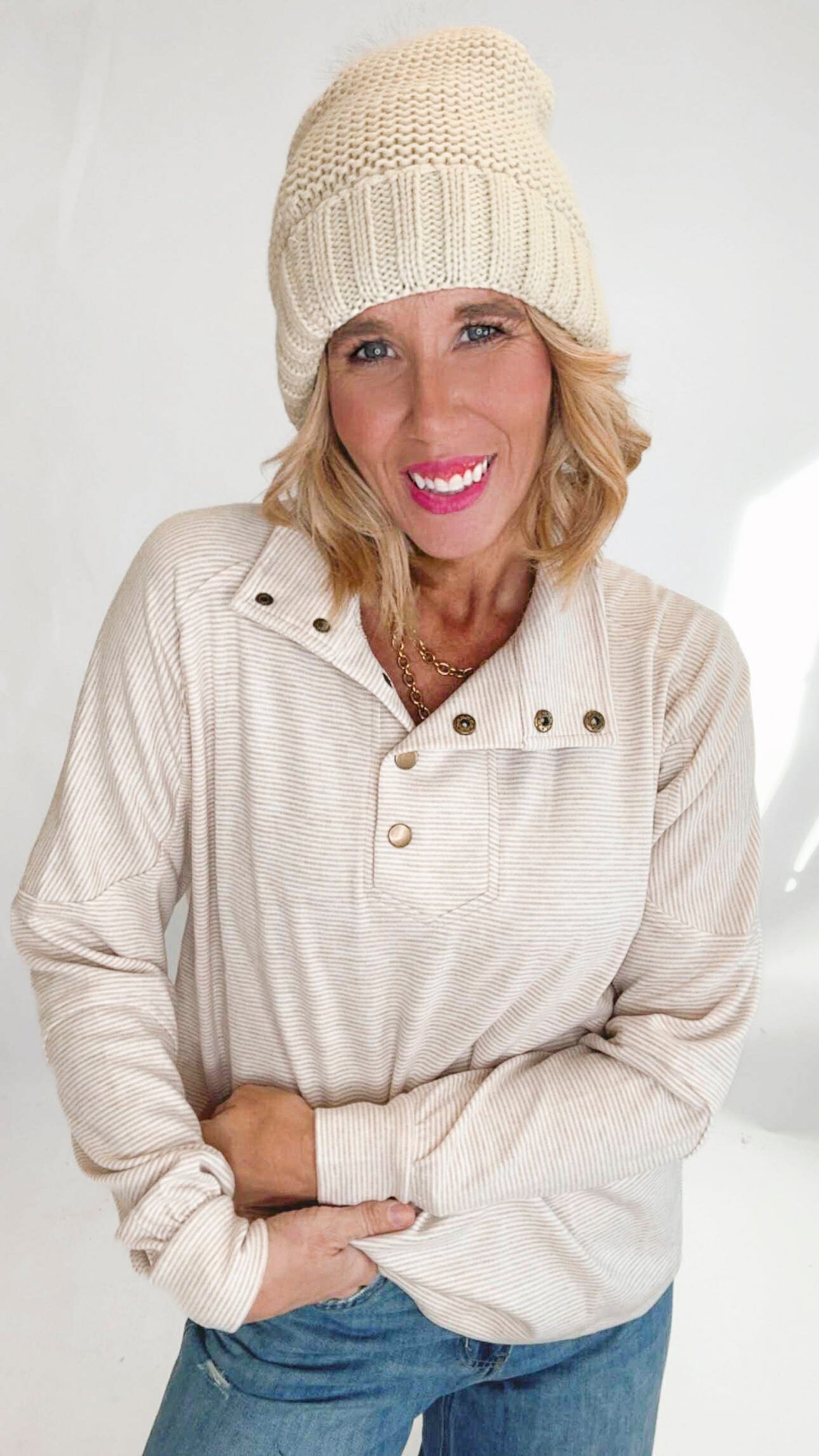 Buttery Soft Striped Knit Mock Neck Sweatshirt