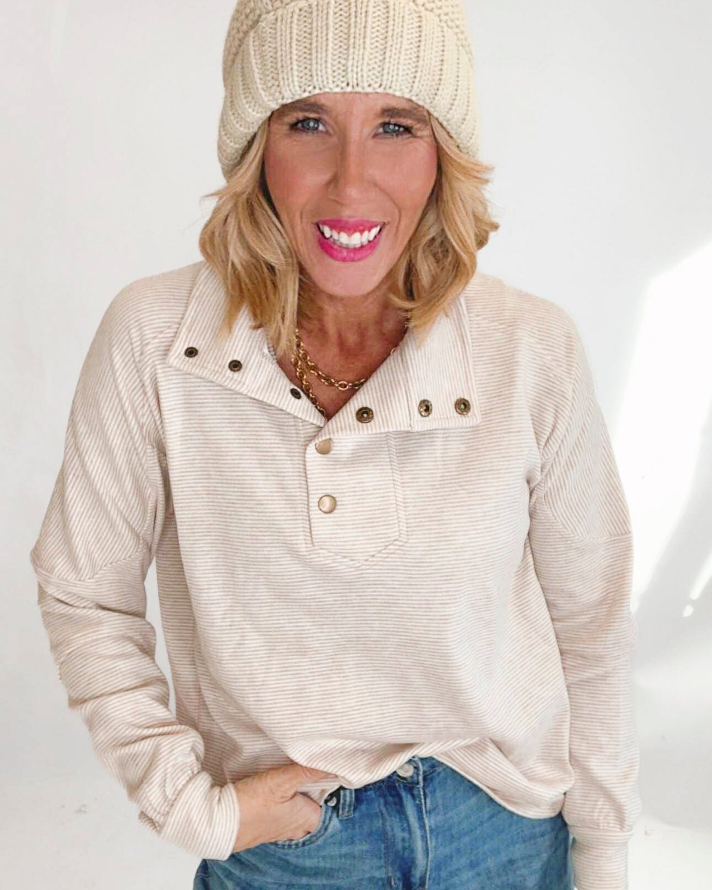 Buttery Soft Striped Knit Mock Neck Sweatshirt