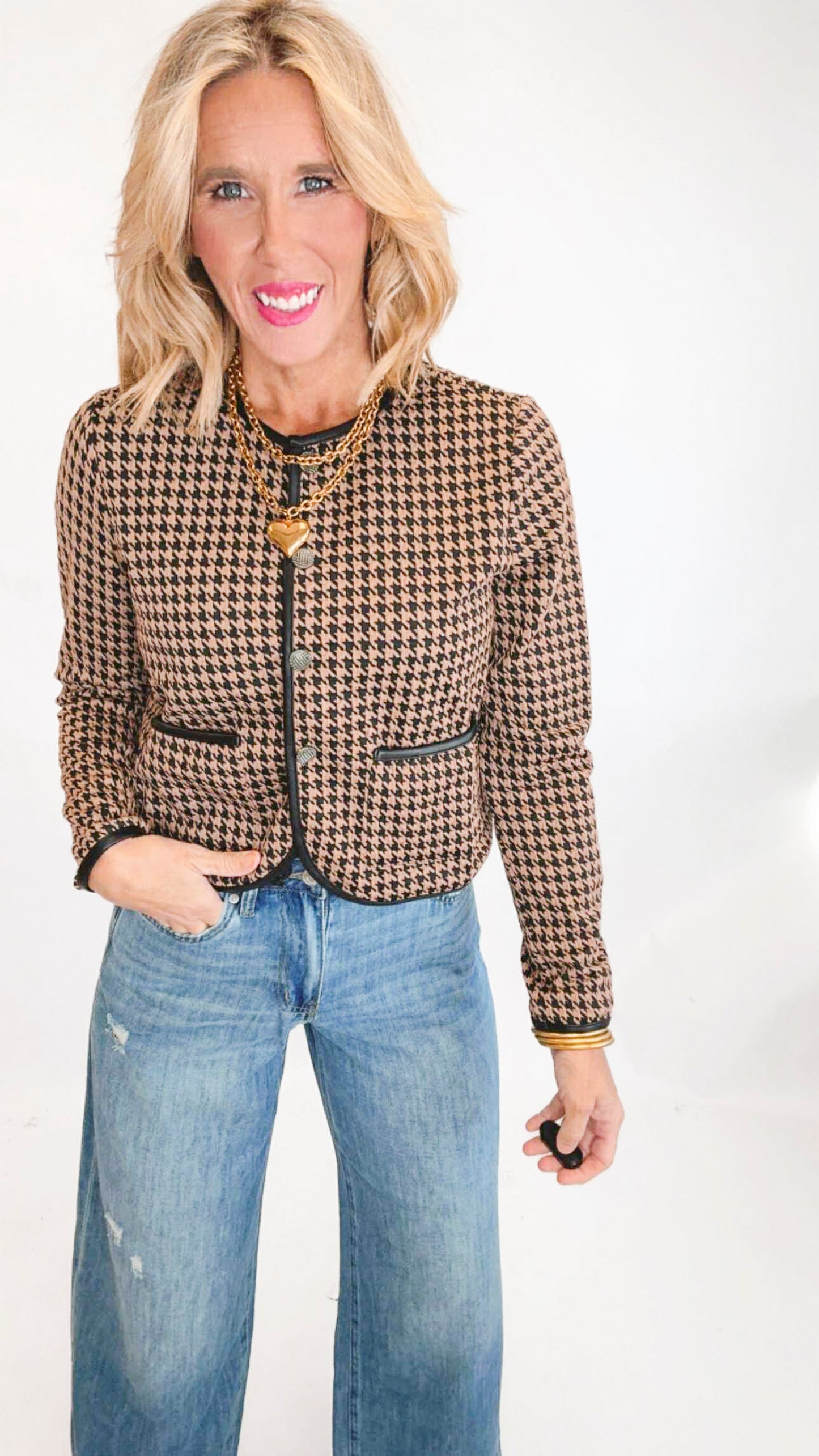 Houndtooth Jacquard Knit Cropped Cardigan