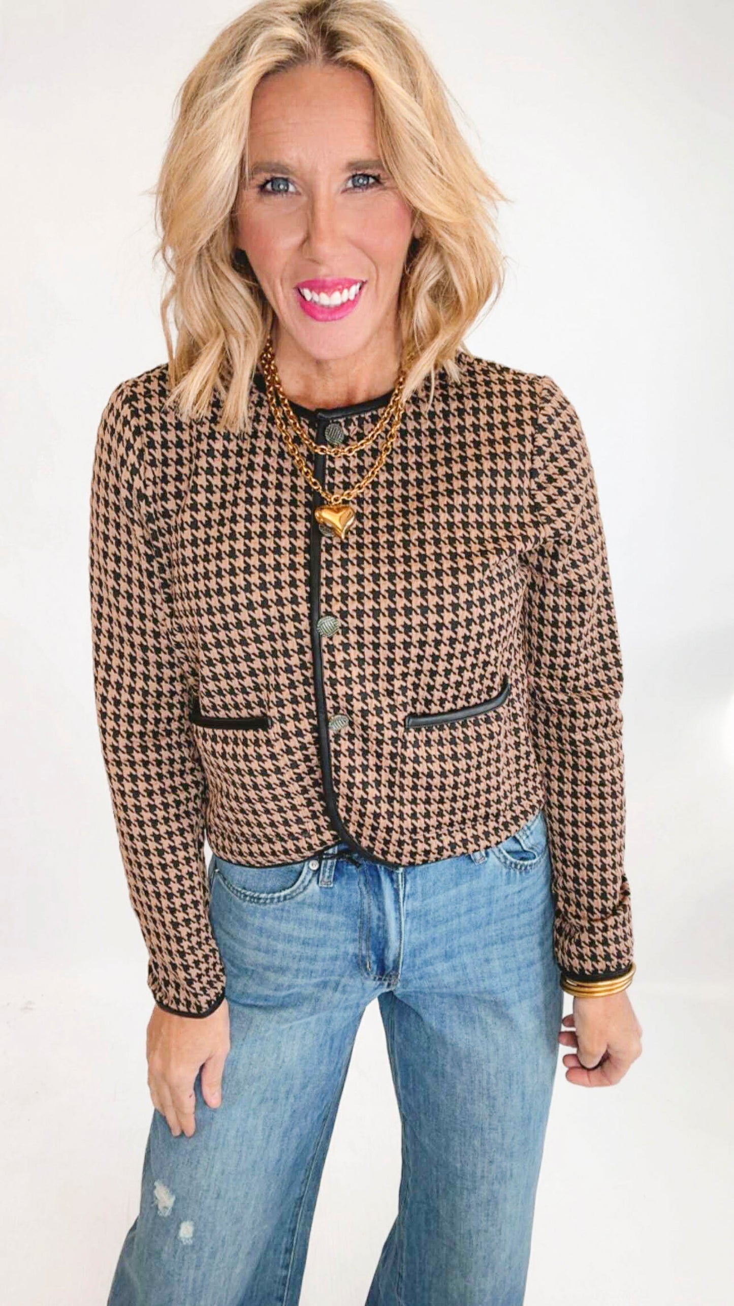 Houndtooth Jacquard Knit Cropped Cardigan