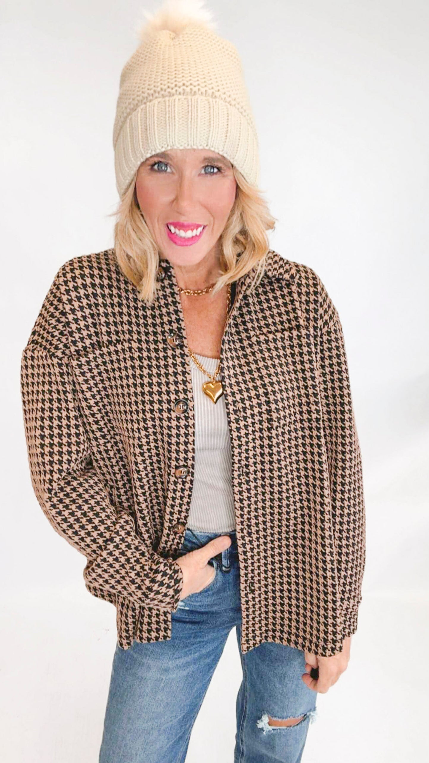 Houndtooth Jacquard Knit Button-down Shacket
