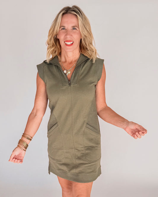 Zip-front Cap Sleeve Mini Dress W/ Front Pockets