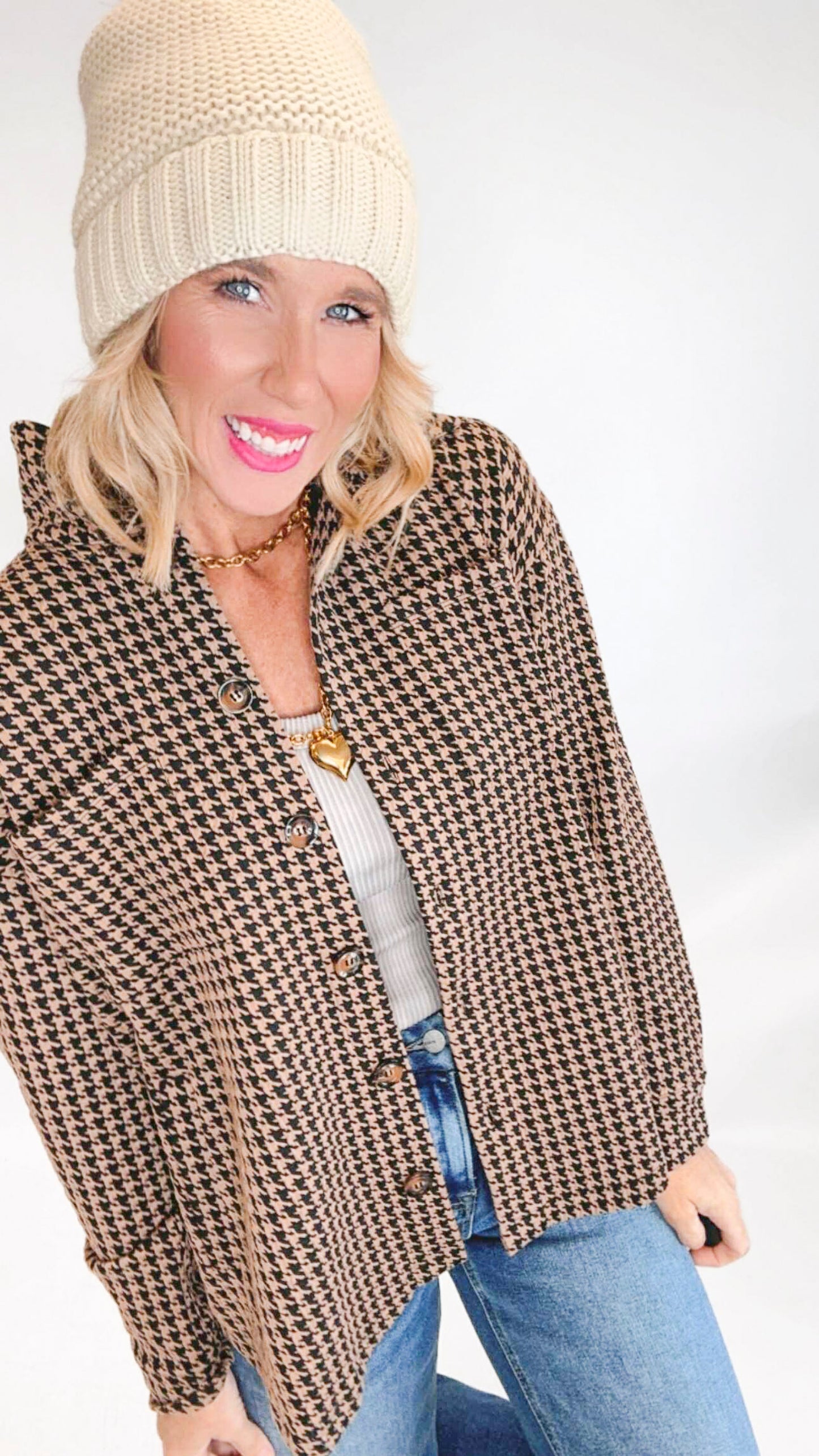 Houndtooth Jacquard Knit Button-down Shacket
