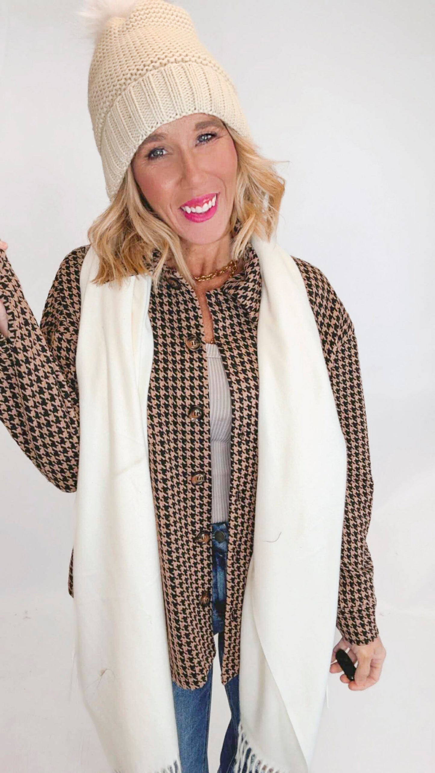 Houndtooth Jacquard Knit Button-down Shacket