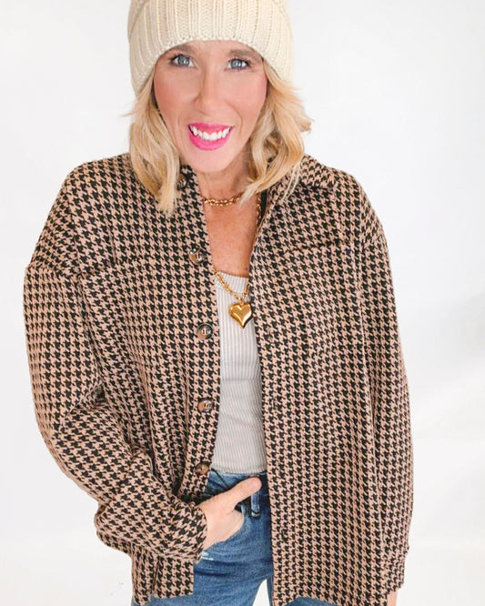 Houndtooth Jacquard Knit Button-down Shacket