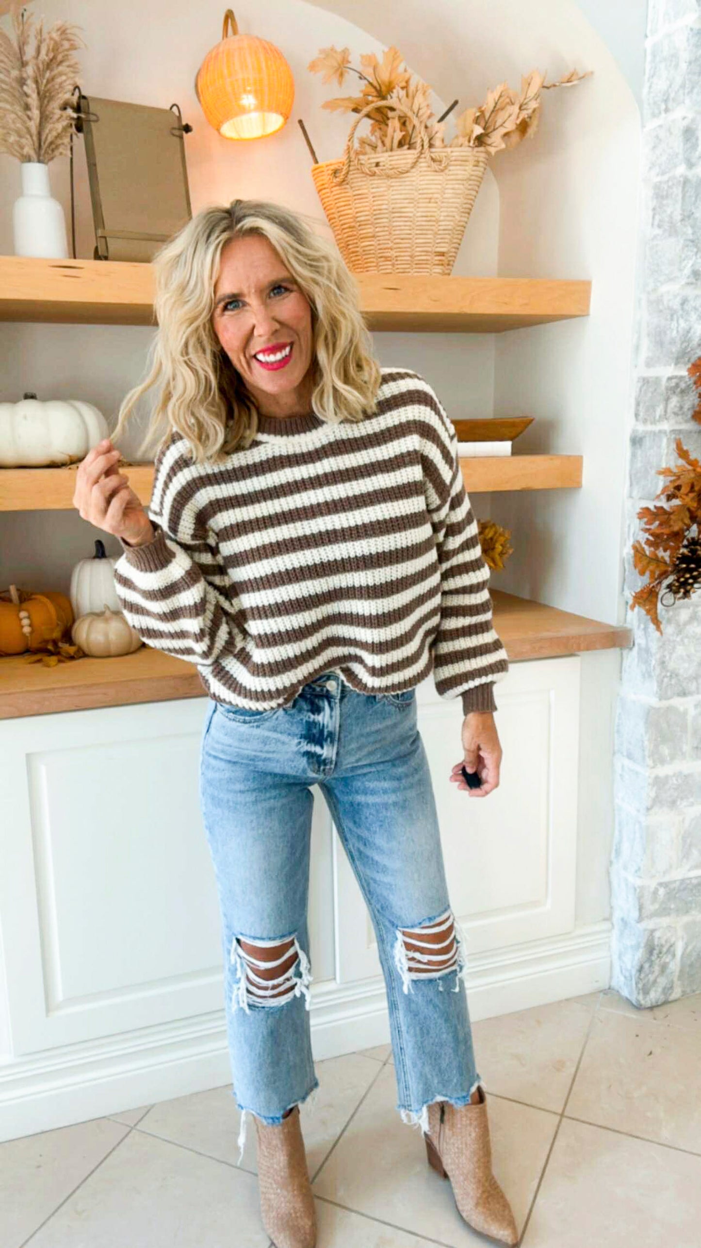 Wild Mustang Warm Crew Neck Striped Sweater