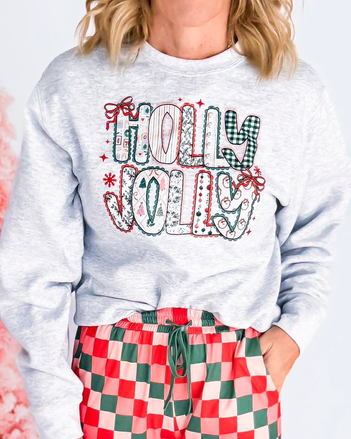 Holly Jolly Patchwork Crew Neck Graphic Sweatshirt