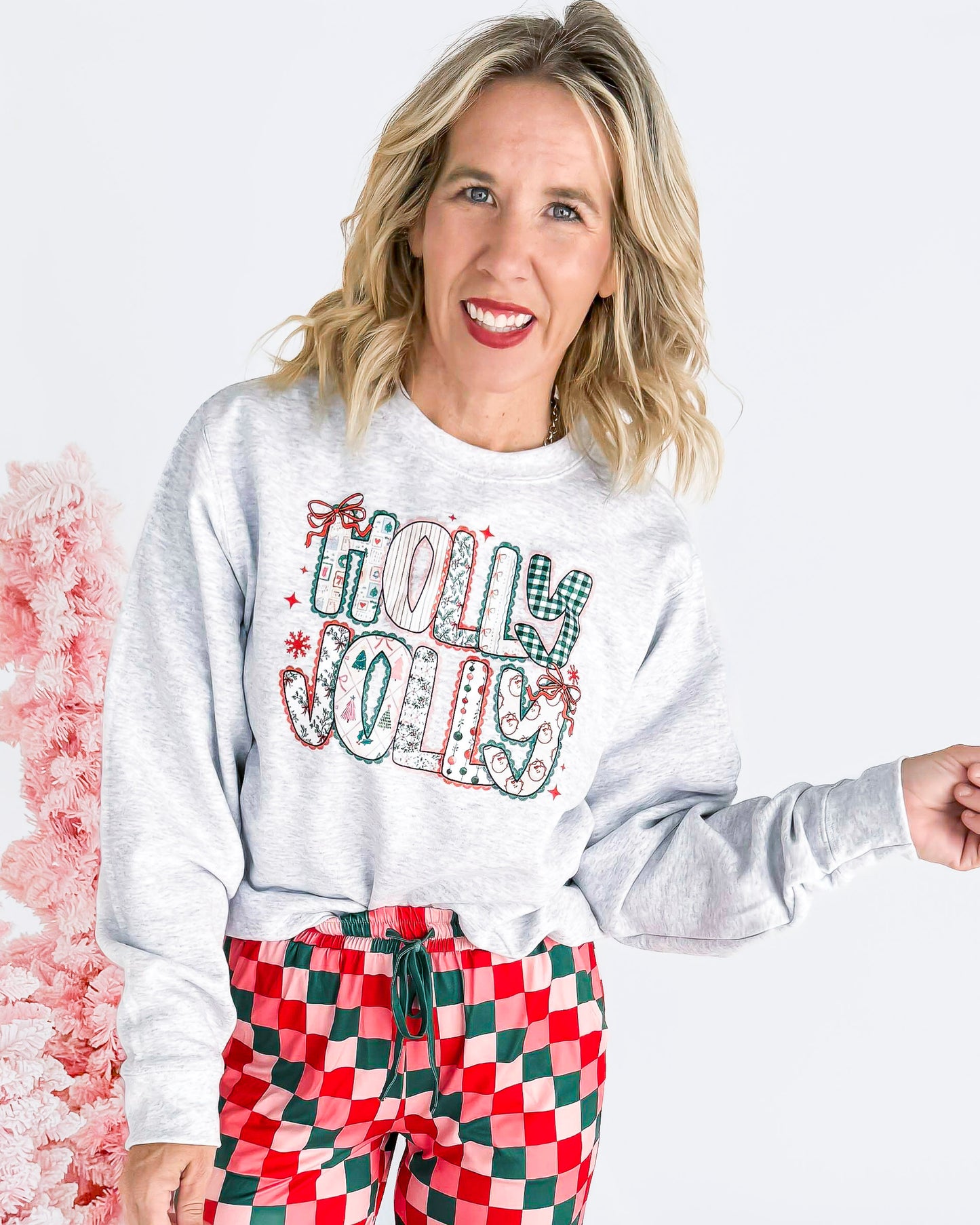Holly Jolly Patchwork Crew Neck Graphic Sweatshirt