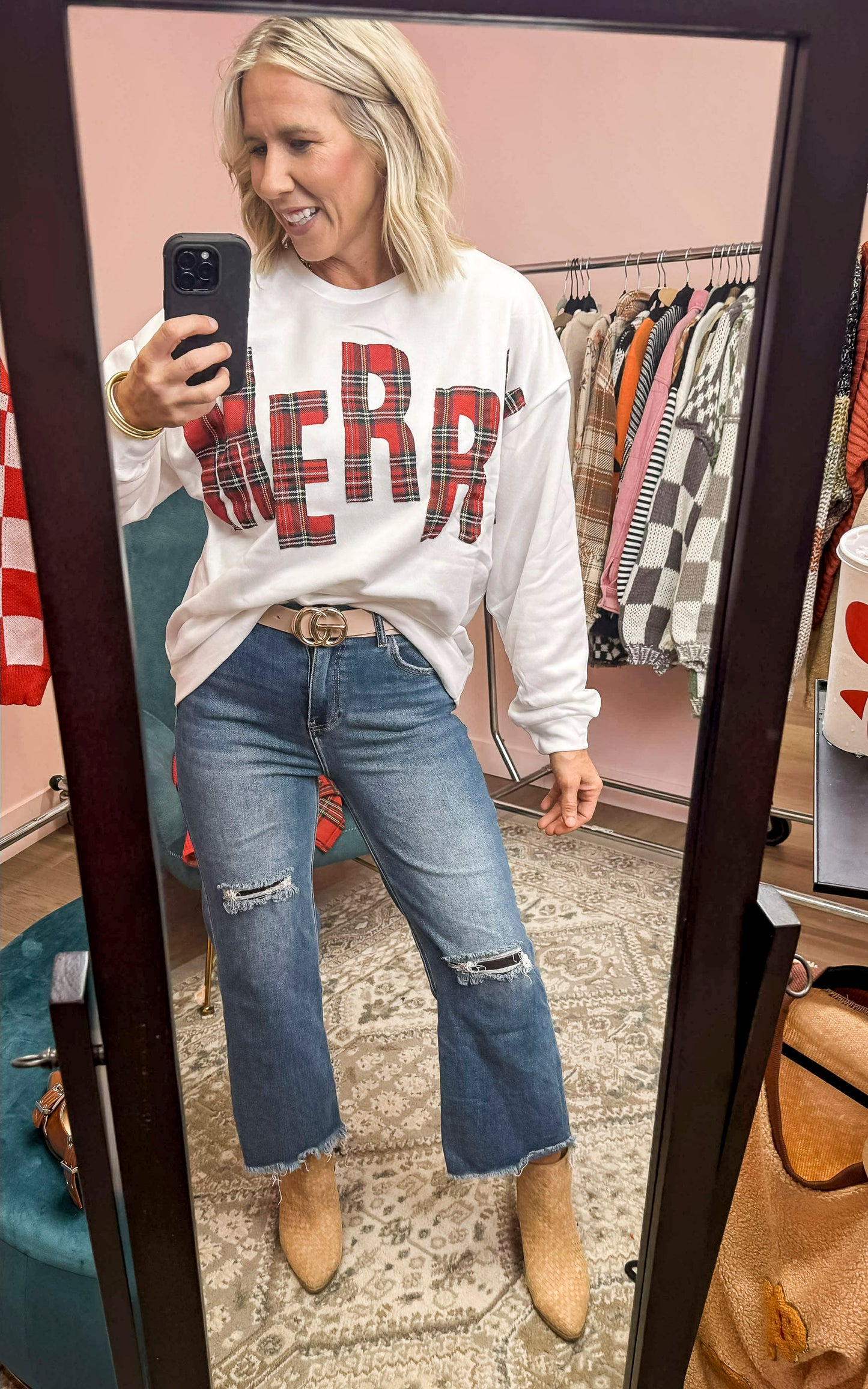 Plaid Merry Lettering Christmas Fleece Sweatshirt | BIBI *LA LIVE PREORDER