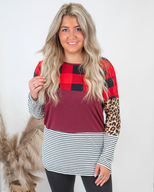 Buffalo Plaid & Leopard Colorblock Top