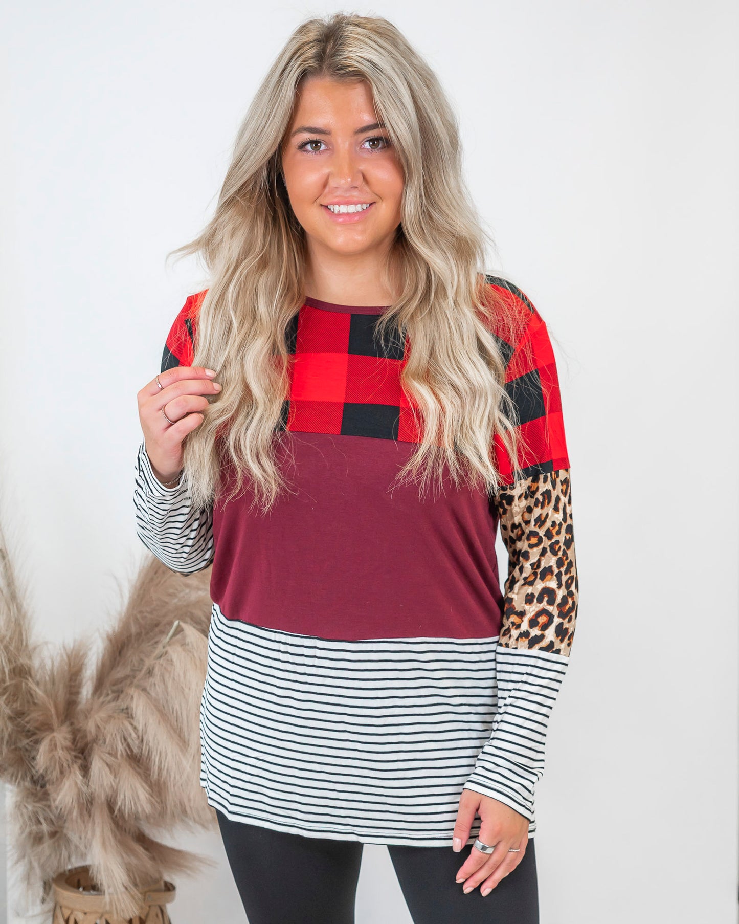 Buffalo Plaid & Leopard Colorblock Top