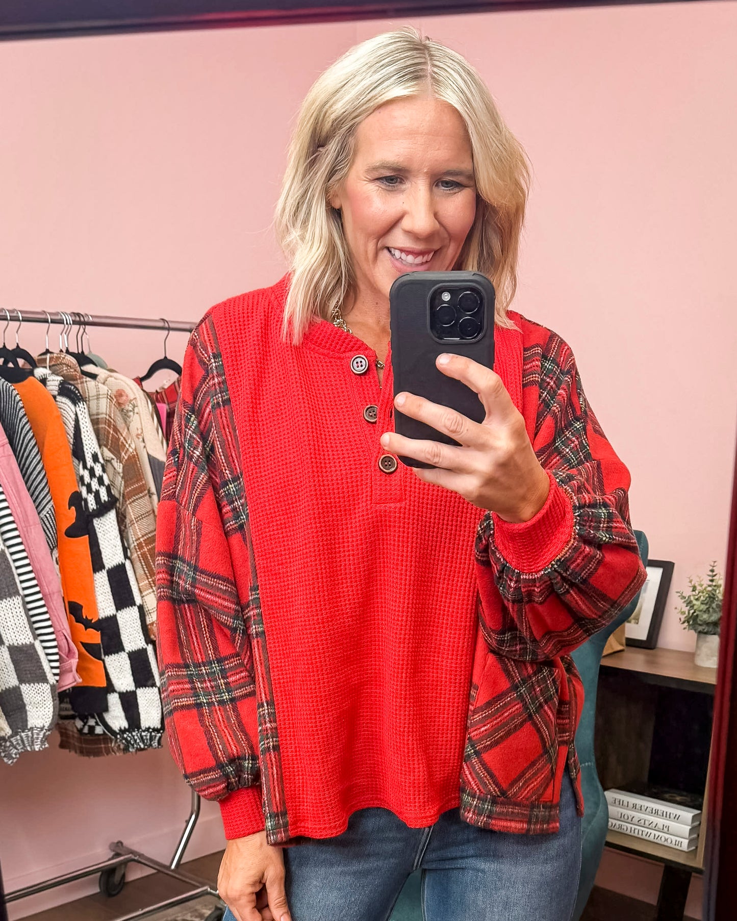 Plaid Fleece With Waffle Combo Buttoned Top | BIBI LIVE *LA LIVE PREORDER (START SHIP 11/7) **