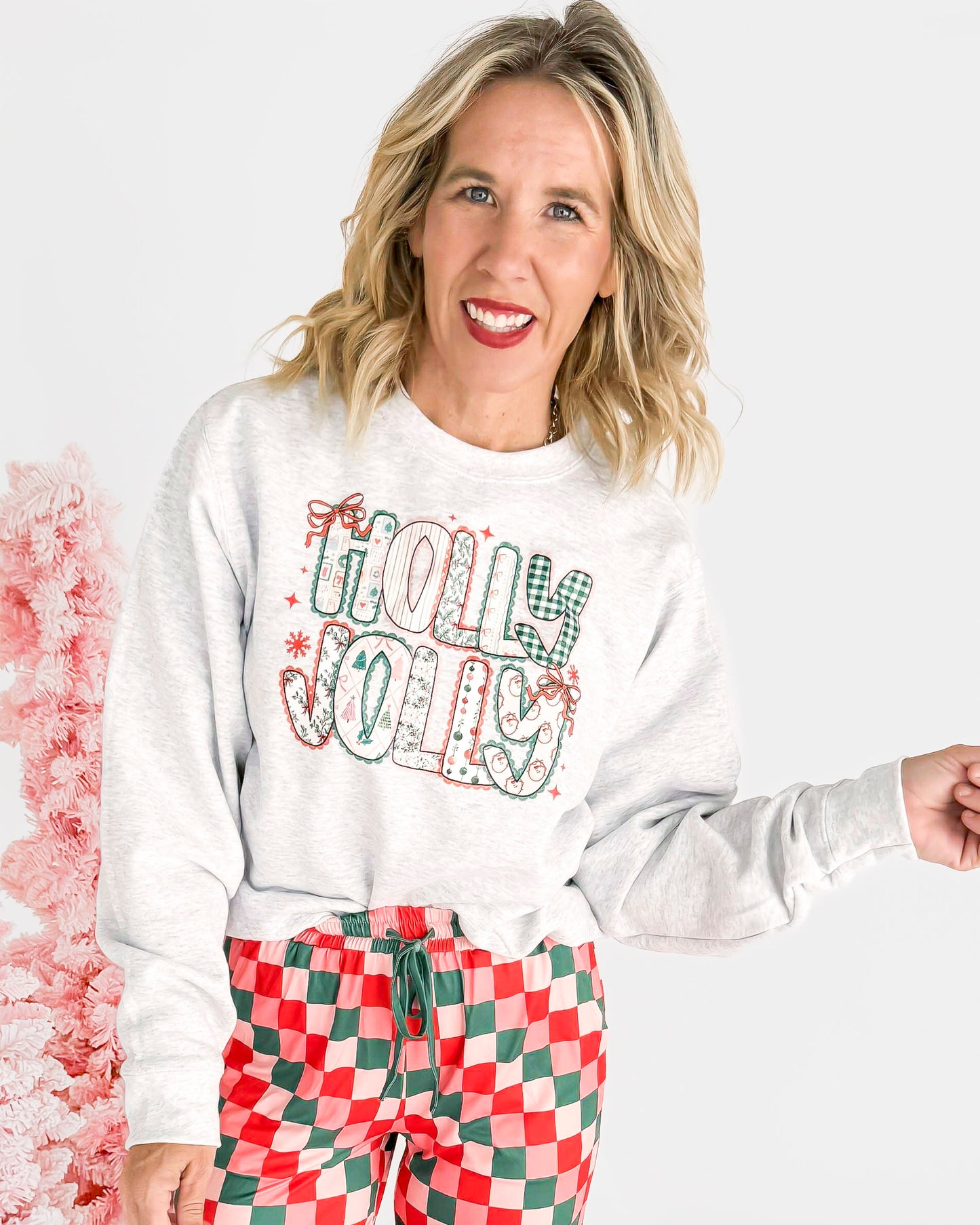 Holly Jolly Patchwork Crew Neck Graphic Sweatshirt