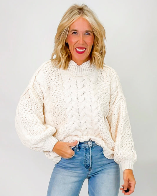 Cream Mock Neck Balloon Sleeve Cable Knit Sweater | POL