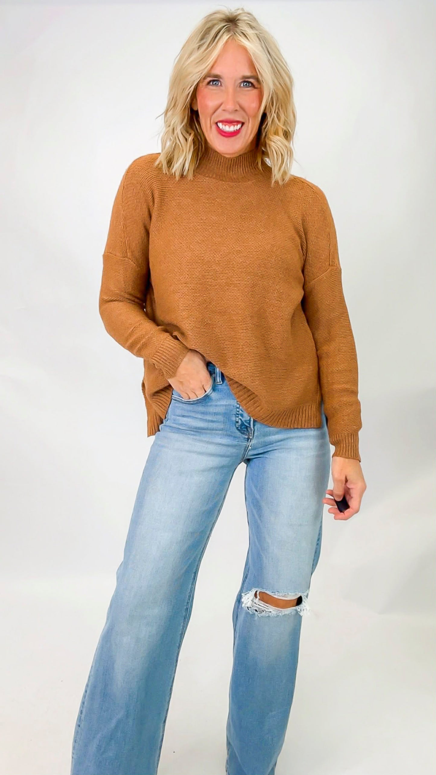 Mock Neck Boxy Pullover Sweater Top (2 COLORS)