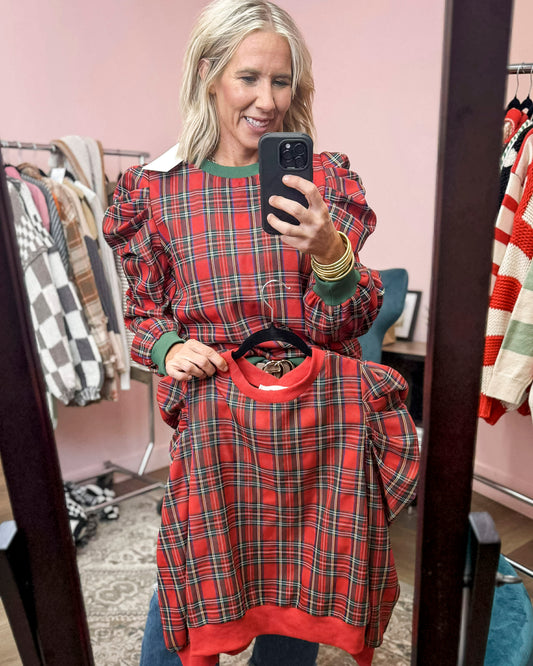 Christmas Plaid Puffed Shoulder Top (2 COLORS) | LOVLOV *LA LIVE PREORDER **