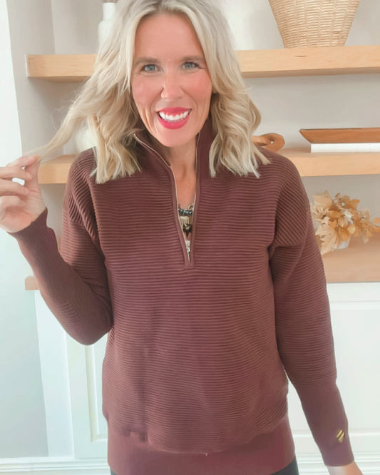 On Repeat Brown Half-Zip Pullover | SALTY WAVE *PREORDER - START SHIP DATE OCT 25TH