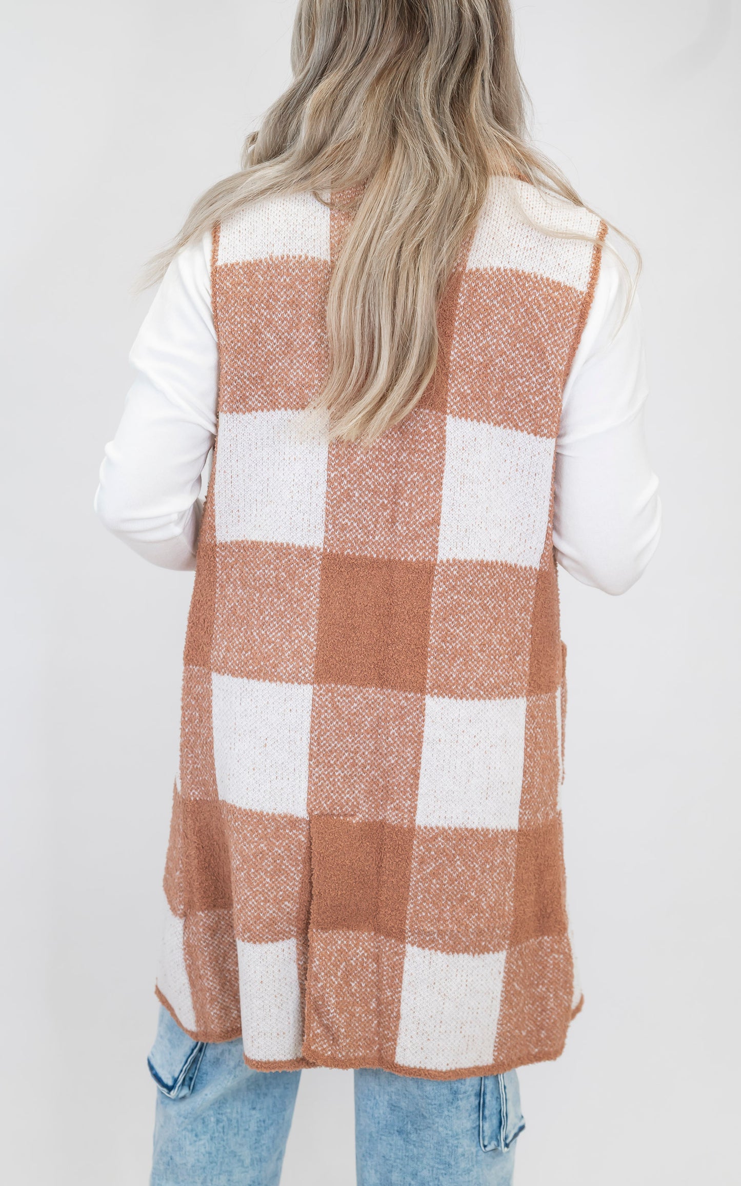 Mocha Checked Long Sweater Vest | SALTY WAVE