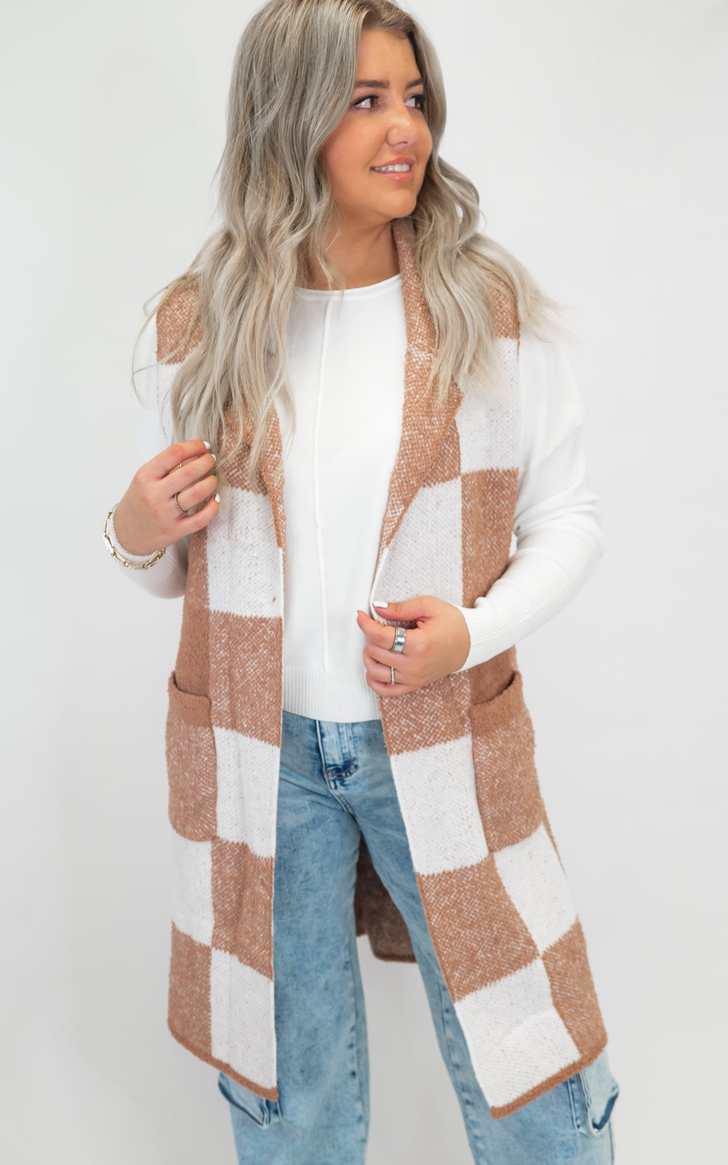 Mocha Checked Long Sweater Vest | SALTY WAVE