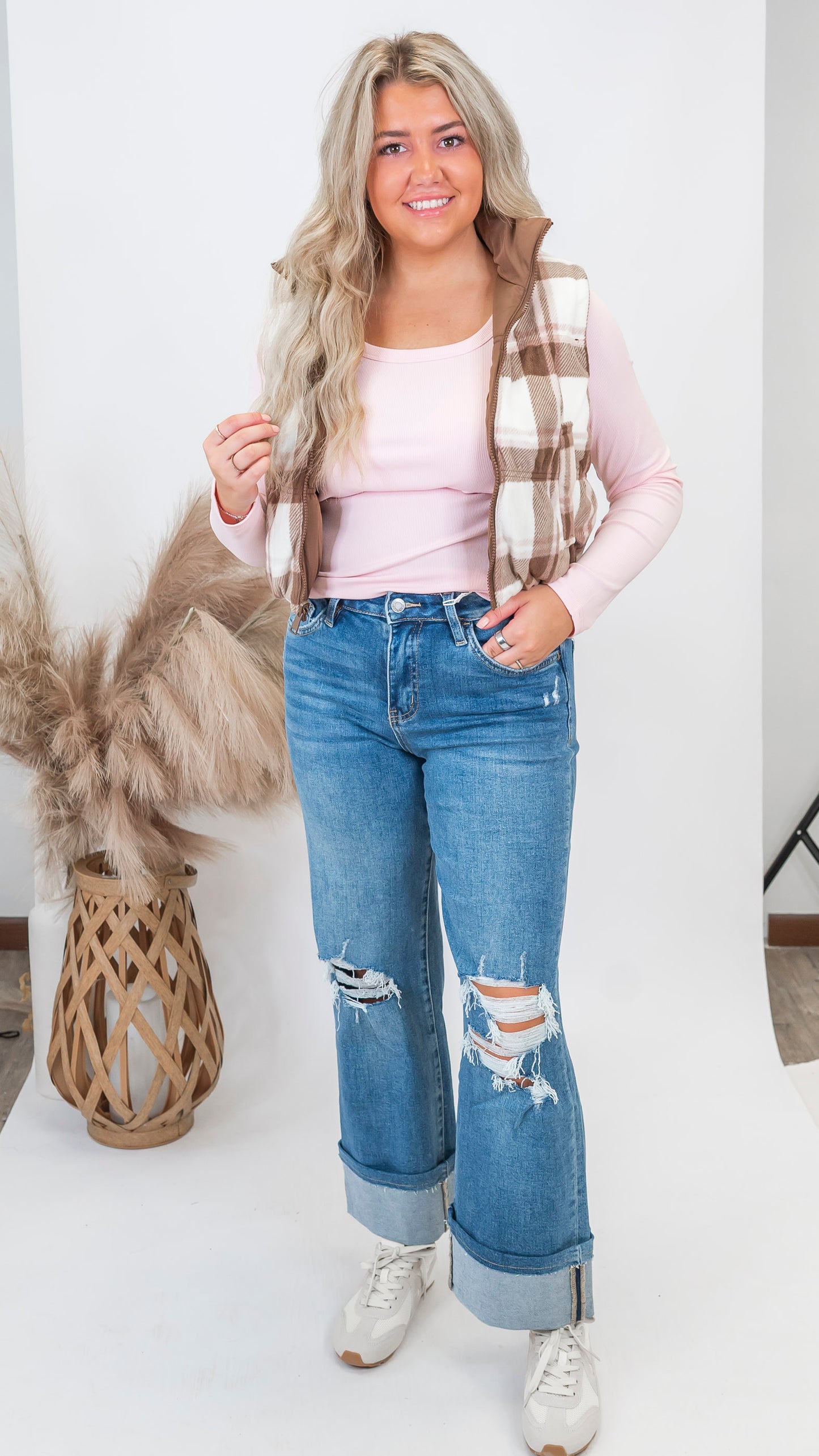 Mocha Full-zip Reversible Plaid Puffer Vest *DEAL*