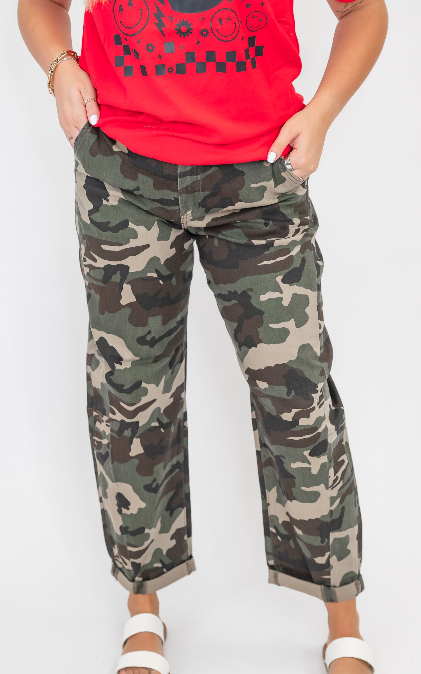Camo High Rise Ankle Barrel Double Roll Up Pants | RISEN