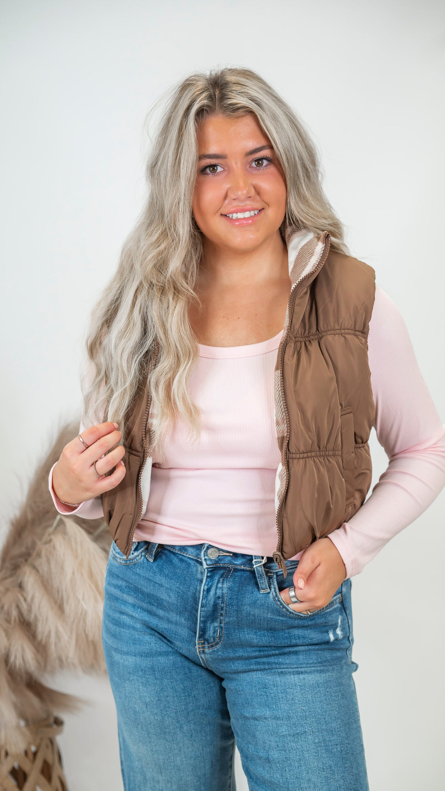 Mocha Full-zip Reversible Plaid Puffer Vest *DEAL*