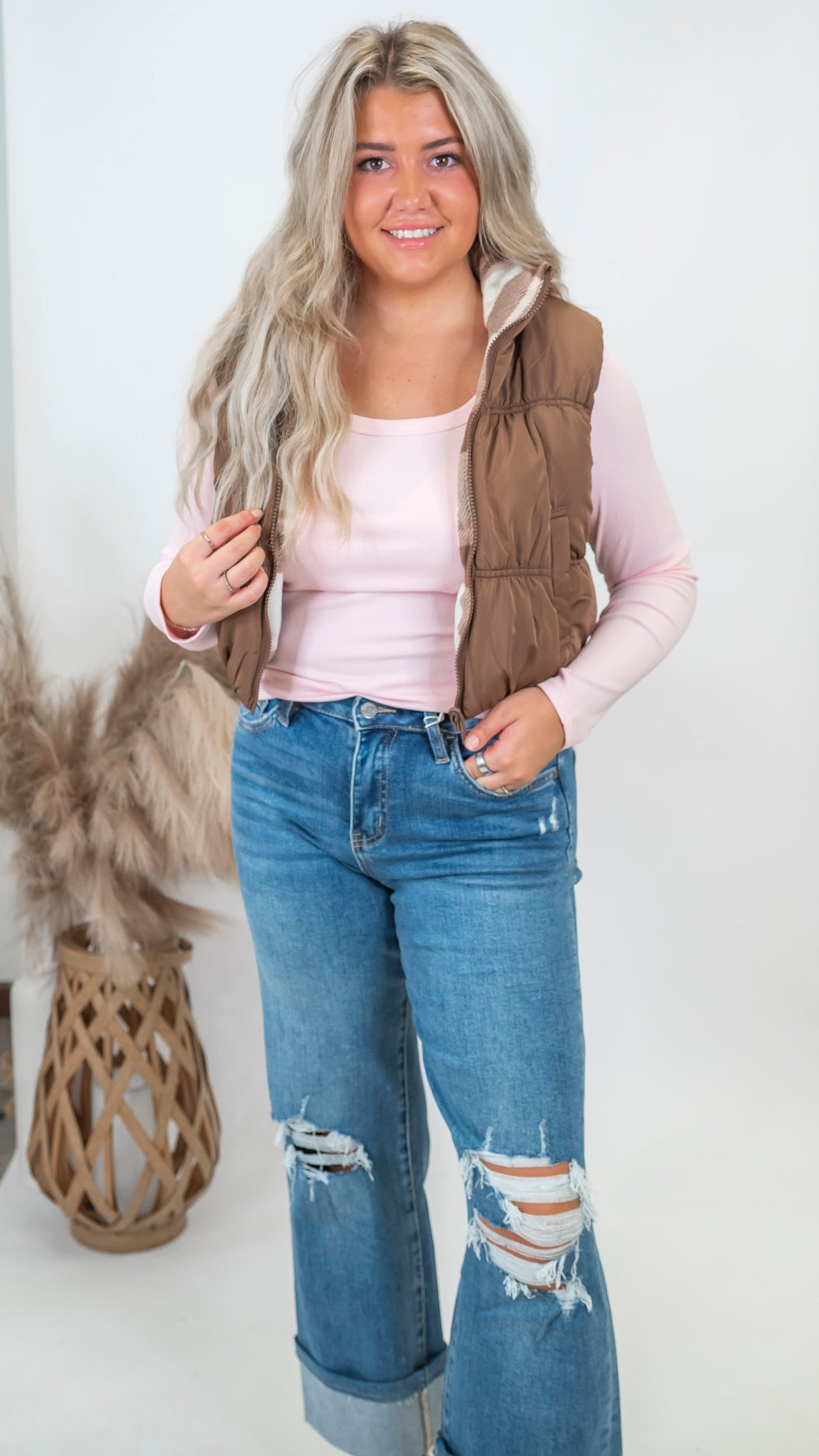 Mocha Full-zip Reversible Plaid Puffer Vest *DEAL*