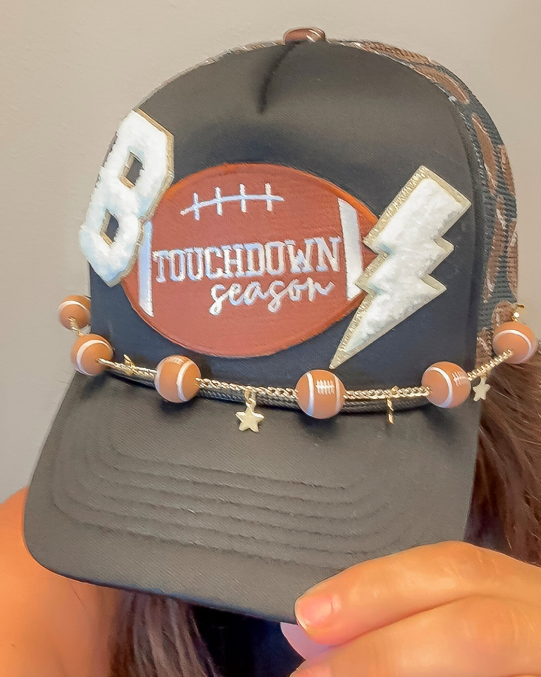 Sara's Custom Black & Football Mesh Touchdown Season with Chain Trucker Hat