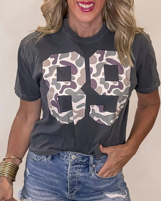 89 Varsity Camo Garment Dyed Graphic Boxy Crop T-shirt