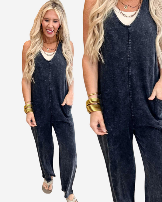 MONO B. Black Mineral-Washed Lounge Jumpsuit