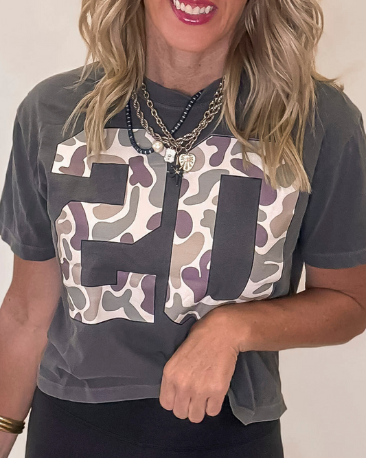 20 Varsity Camo Garment Dyed Graphic Boxy Crop T-shirt