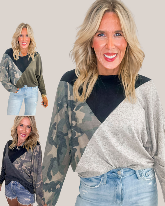 Brushed Hacci Color Block Top With Camouflage (3 COLORS)