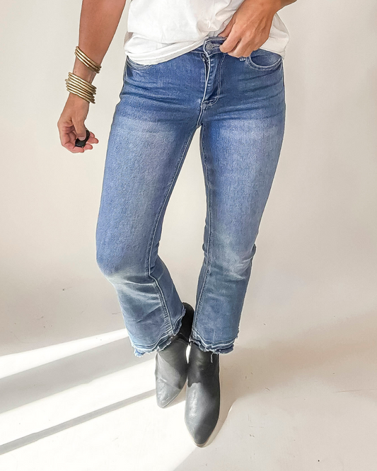 Medium Wash High Rise Crop Bootcut Denim Jeans | KanCan