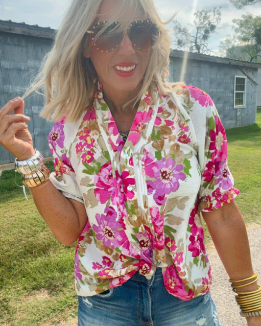 Floral Print Pintuck Detail Split Neck Blouse Top