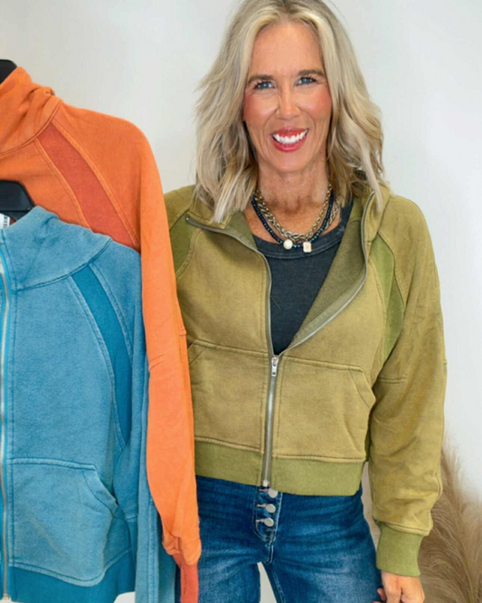 Contrast Ribbed Zip-Up Hoodie Sweatshirt Jacket (3 COLORS)