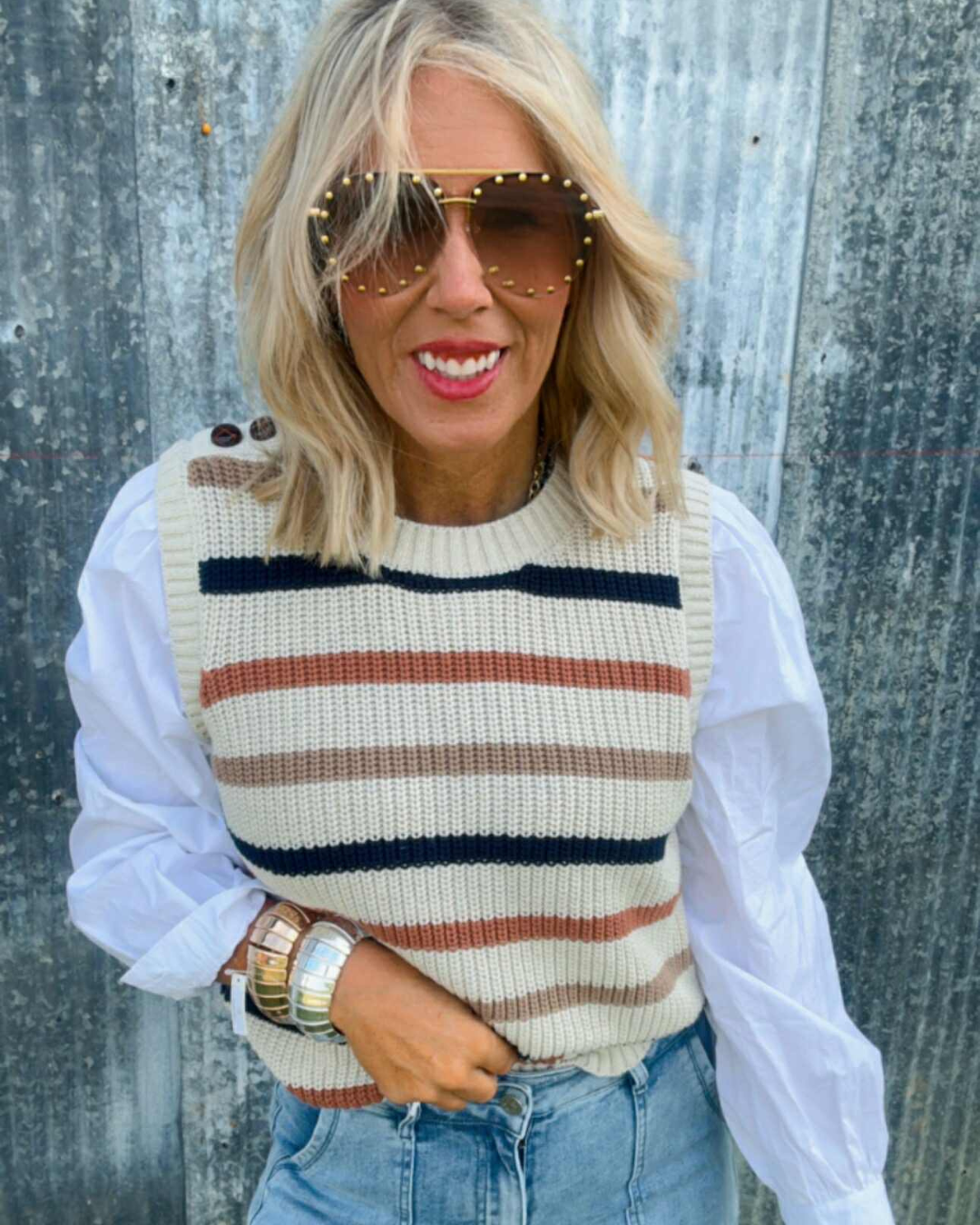 Attached Cotton Undershirt Stripe Sweater Vest
