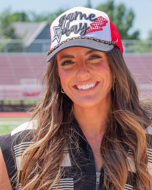 Sara's Custom Red/White Game Day with Chain Trucker Hat