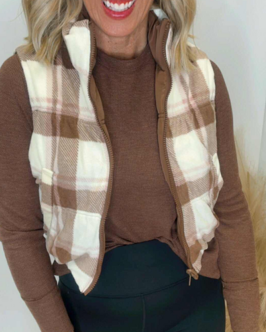 Mocha Full-zip Reversible Plaid Puffer Vest *DEAL*
