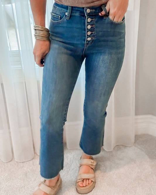 Medium Blue High Rise Crop Button Up Flare Denim Jean | MICA