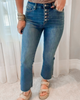 Medium Blue High Rise Crop Button Up Flare Denim Jean | MICA