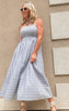 Blue and white striped sleeveless maxi dress with tiered hem and square neckline.