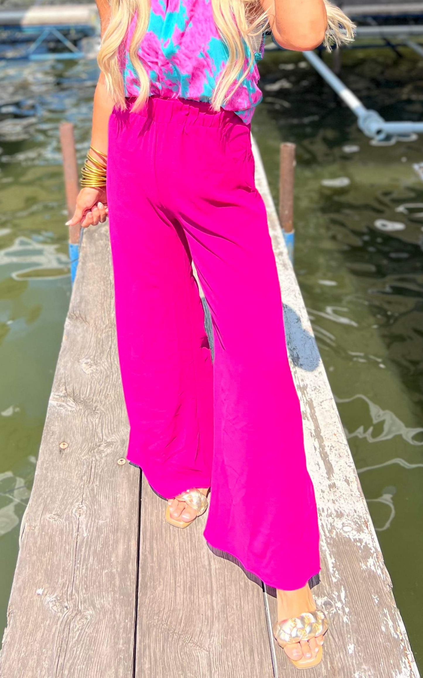 Textured Side Slit Wide Leg Pants