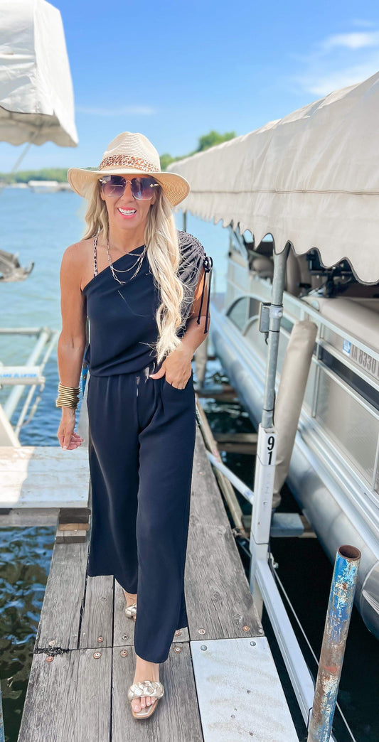 Matte Crepe Asymmetrical Off Shoulder Jumpsuit - Final Sale