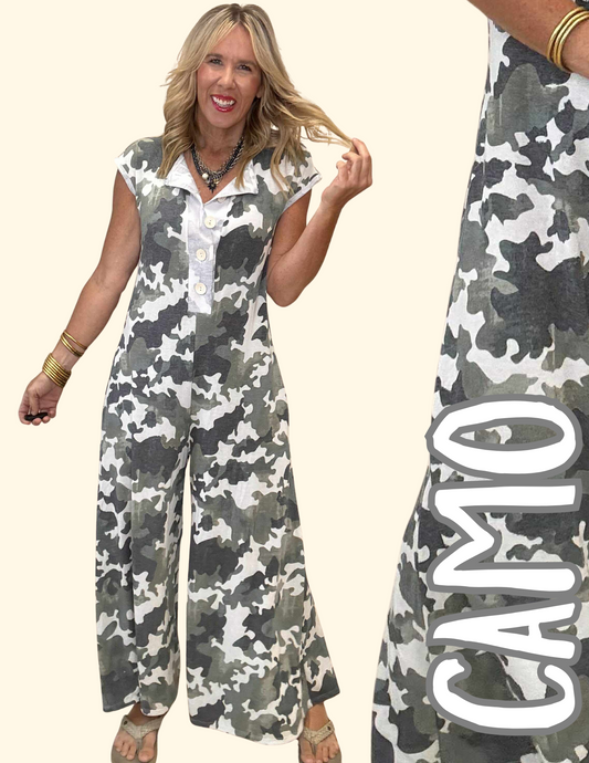 Loose Fit Camouflage Jumpsuit W/ Side Pockets