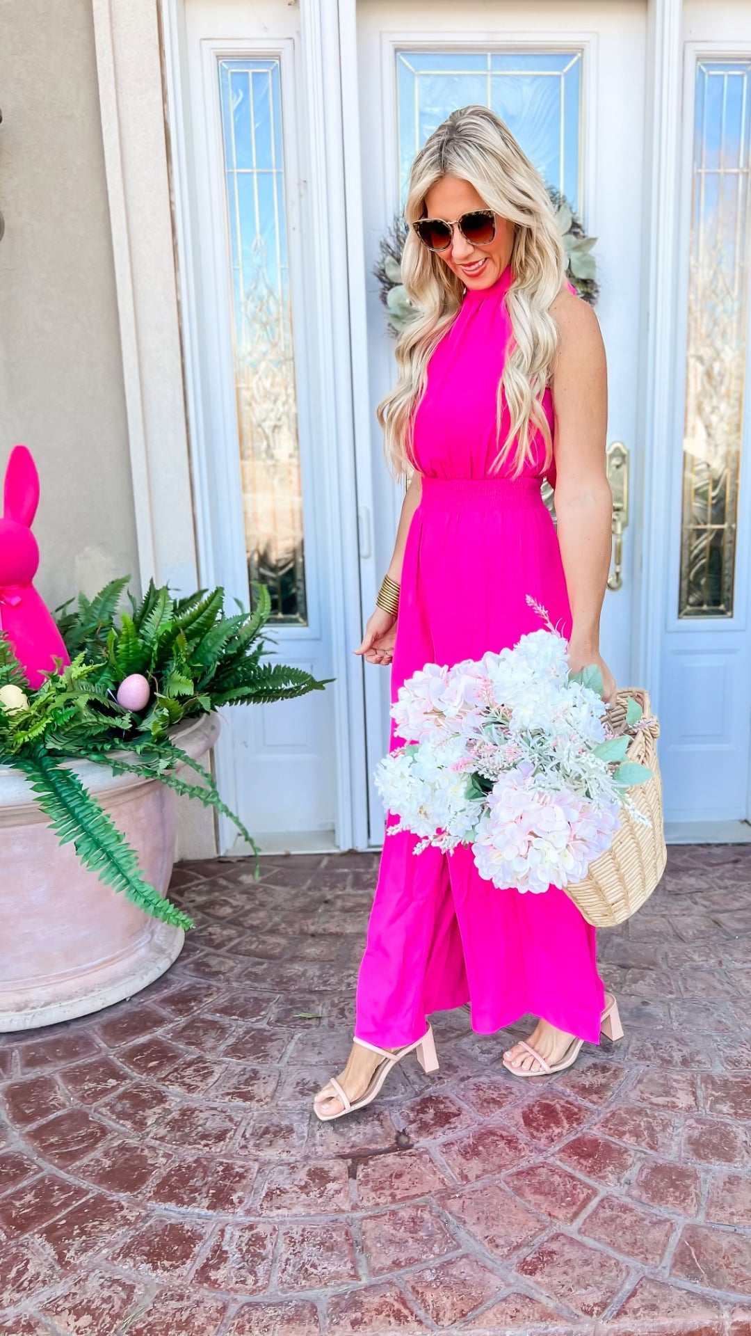 Hot Pink Wide Leg Woven Halter Jumpsuit - Final Sale