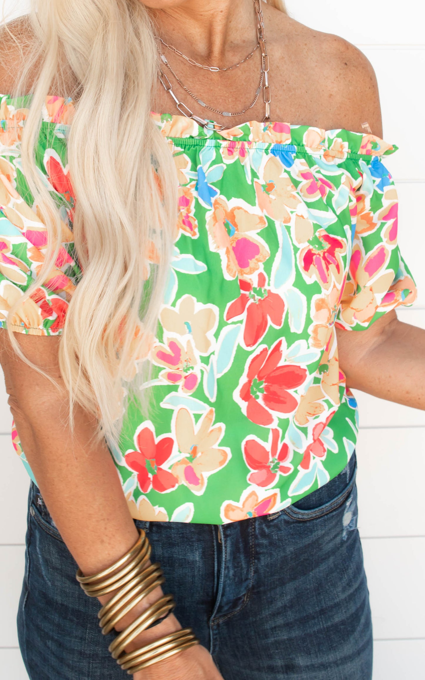 Darling Green Off the Shoulder Floral Blouse Top